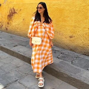 Sundress Tiya Dress Maxi Orange Plaid Ruffle XS/Small